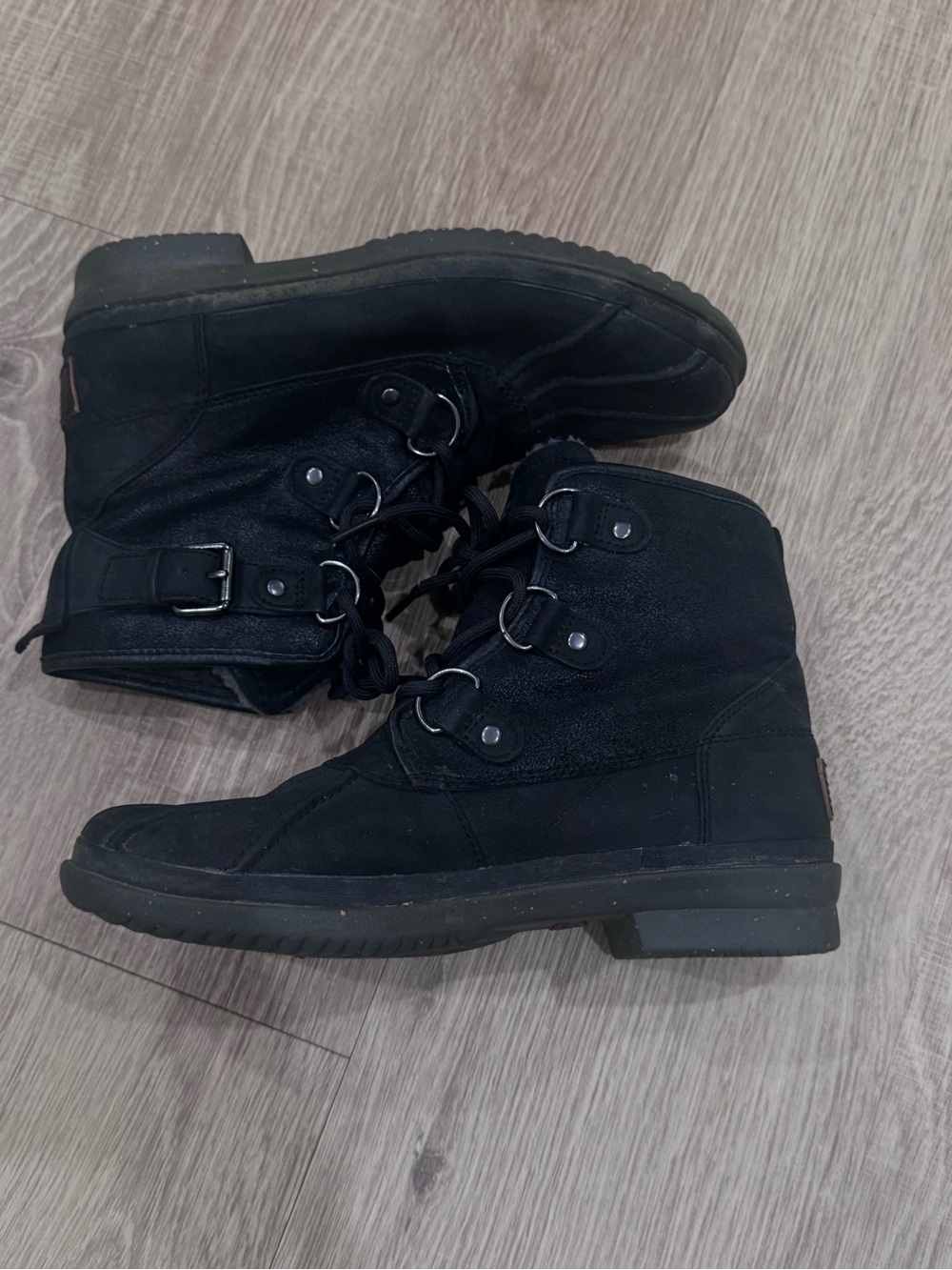 UGG Australia Cecile Black Leather Lace Up Boots Buckle Detail Lug Sole